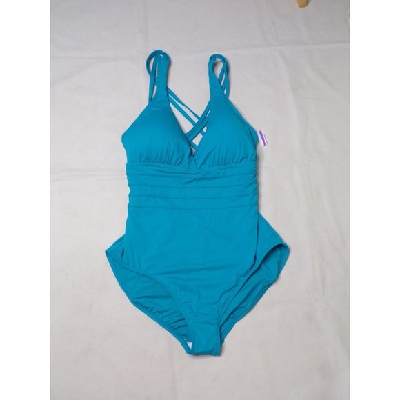 LA BLANCA Cross Back One Piece Tummy Control Swimsuit Turquoise 16 NEW - Picture 4 of 7